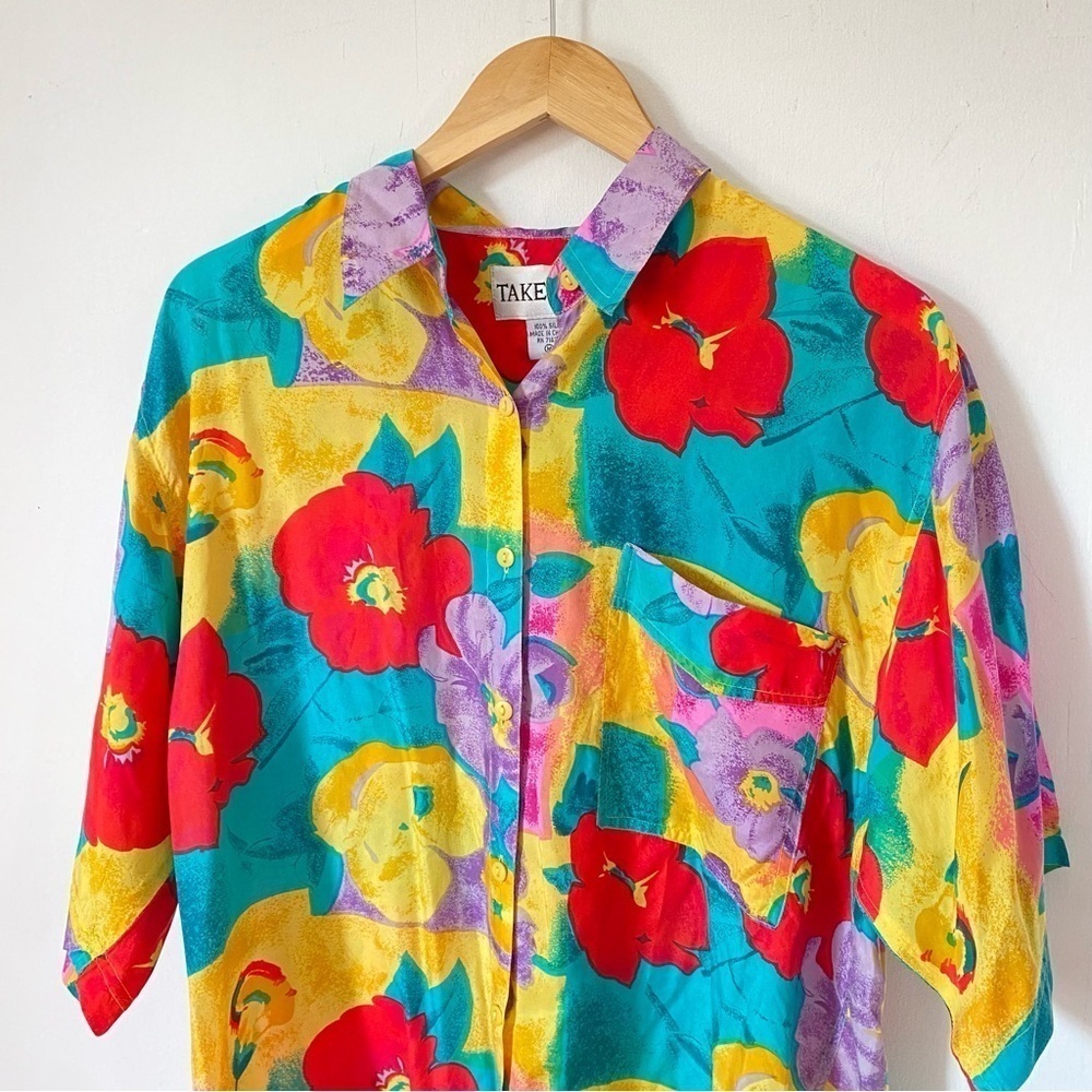 Vintage Silk Hawaiian Shirt Bold Colorful Floral 80s Pop Art‎ Take Away Medium - Picture 2 of 8